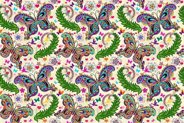 Butterfly pattern with leaves and flowers