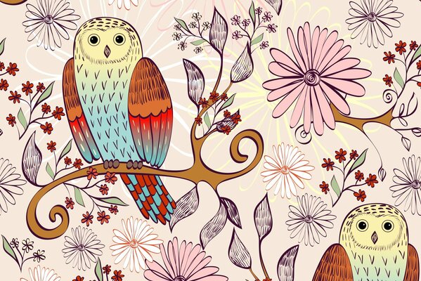 Colored owls on branches with flowers