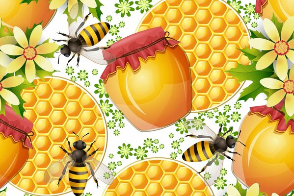 Honey and bees on honeycombs