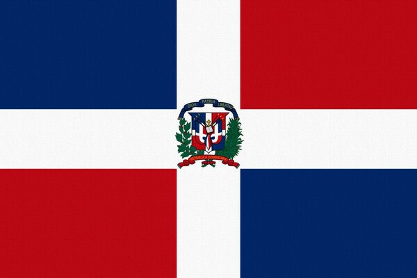 Bandera de la República Dominicana. Cruz y cuadrados. Escudo de armas en el centro