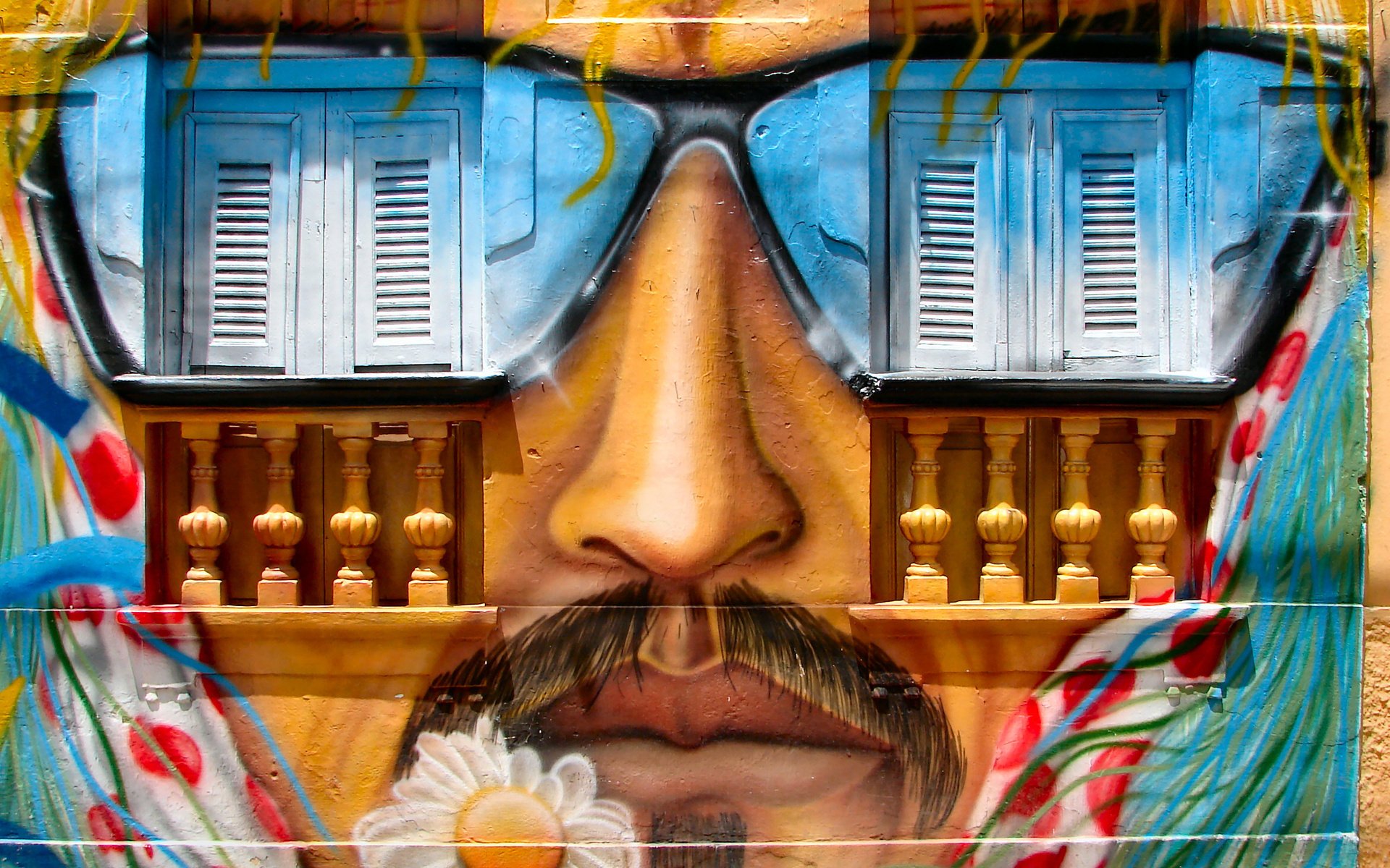 artístico graffiti pared ventana gafas de sol boca nariz bigote flor