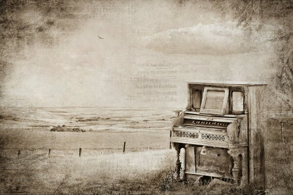 Black and white drawing of an old piano on the background of nature