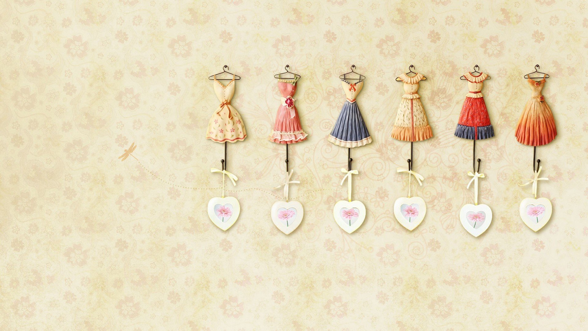 texture abiti vestito vestito cuore cuore grucce beige fiori fiocco rosa sfondo carta da parati