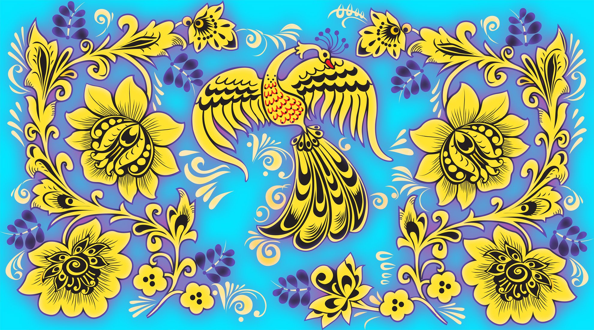 khokhloma modelli uccello fiori foglie firebird blu russia
