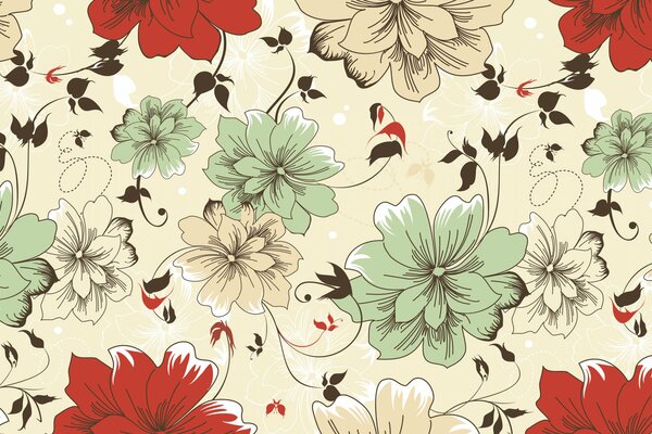 Große rote, grüne und beige Blüten mit Blättern
