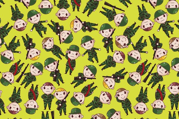 Funny soldiers on February 23 on a yellow background