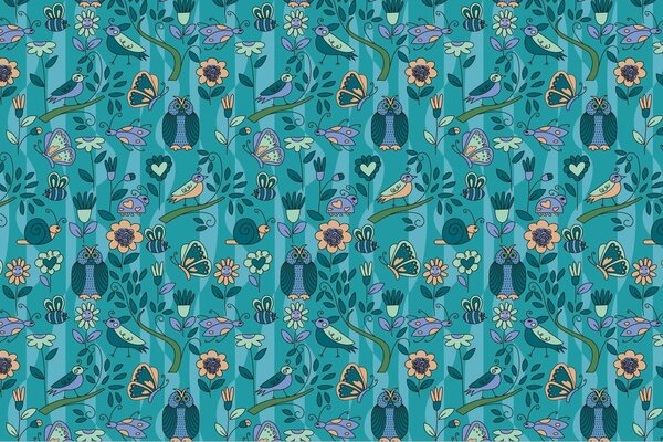 Textura con fondo azul en ella la imagen de búhos de flores de mariposas y ramitas