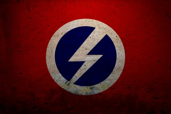 Round logo on a red background