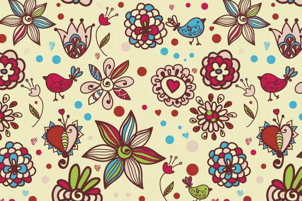 Vögel und Blumen auf gelbem Hintergrund