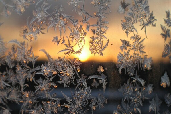 Puesta de sol romántica detrás de un cristal con un patrón de escarcha