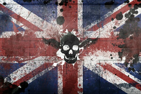 The flag of Great Britain on the image there is a skull and bright colors