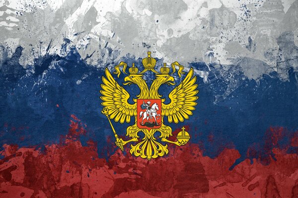 Coat of arms of Russia on a tricolor background
