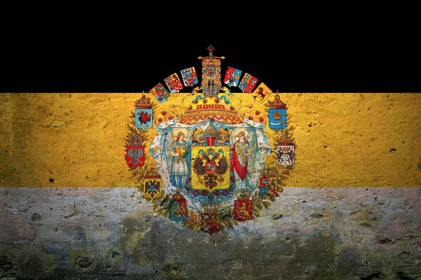 Coat of arms of the Russian Empire on the background of the flag