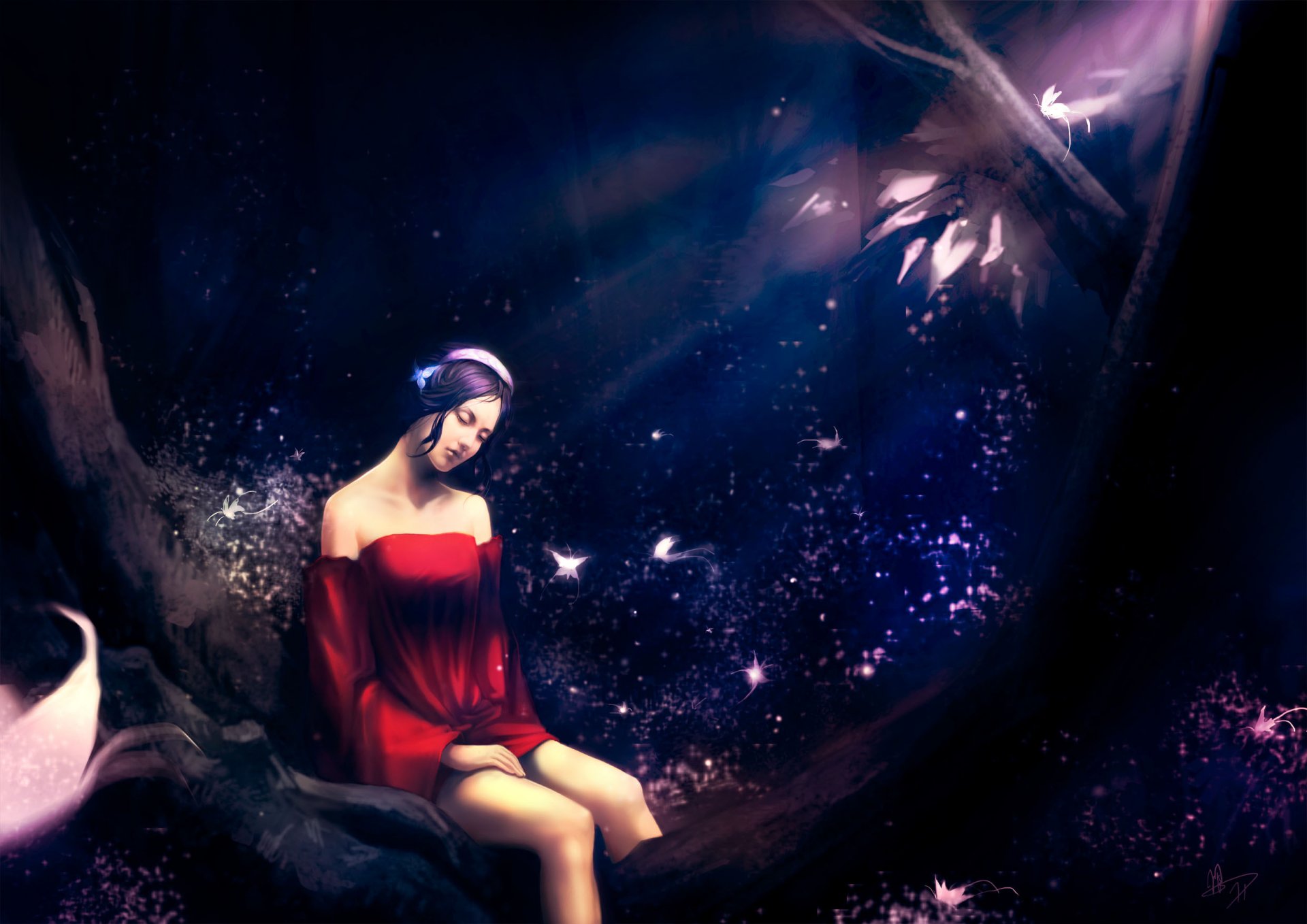 art urami girl pose sitting forest night butterfly