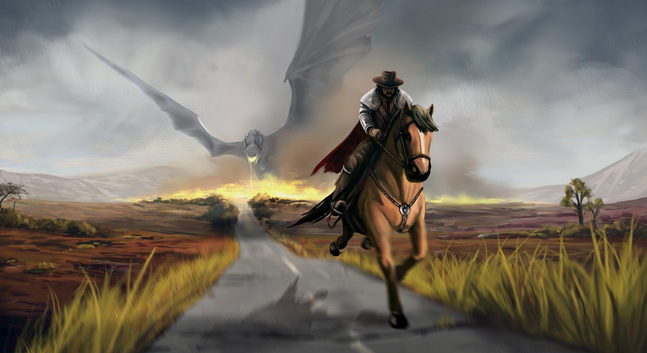 fantastic. art dragon . wings road horse jumps . cowboy. rider