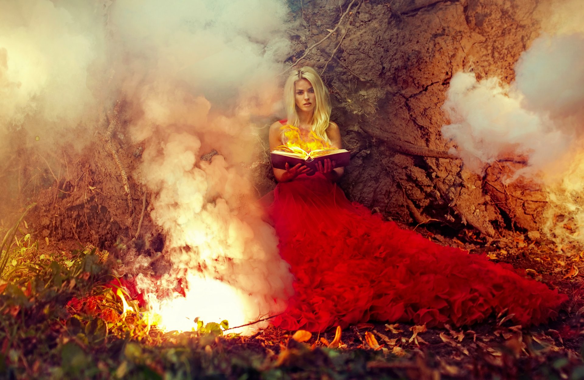 girl model red dress dress fire book magic