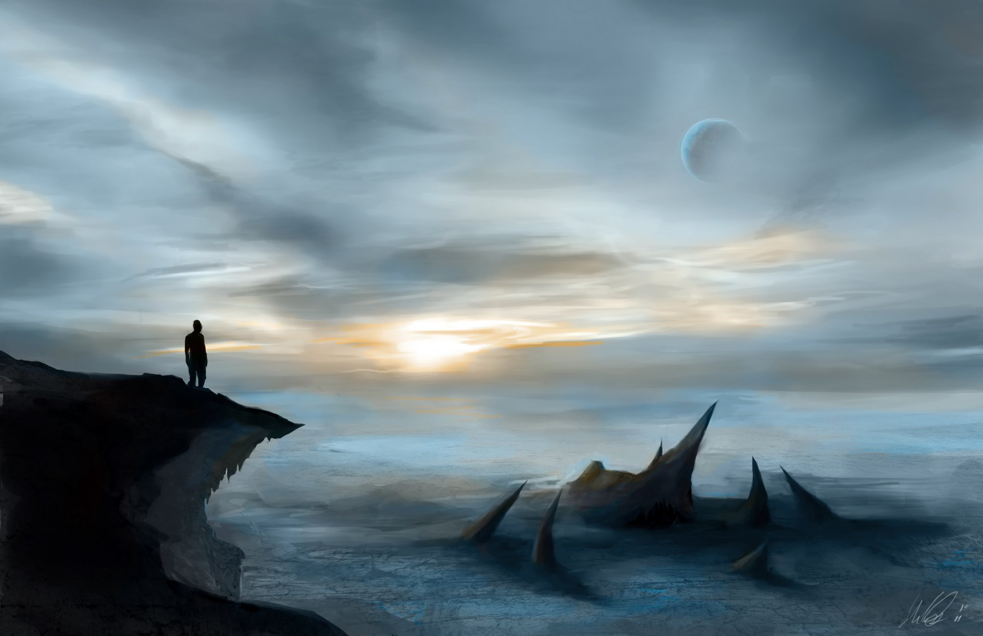 fiction art man silhouette rock horizon planet sky