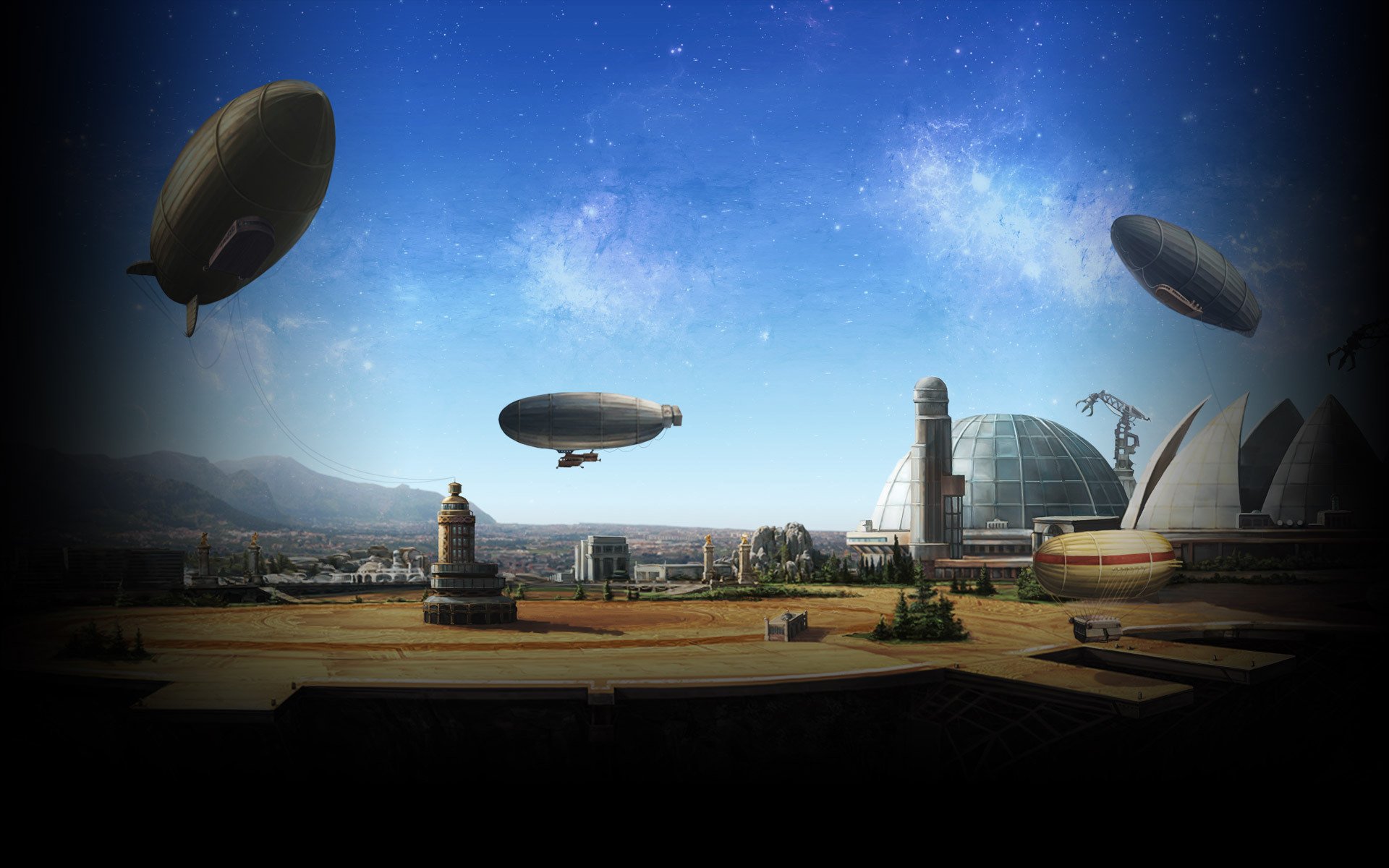 inbetween land game futurism dome sky town airship art