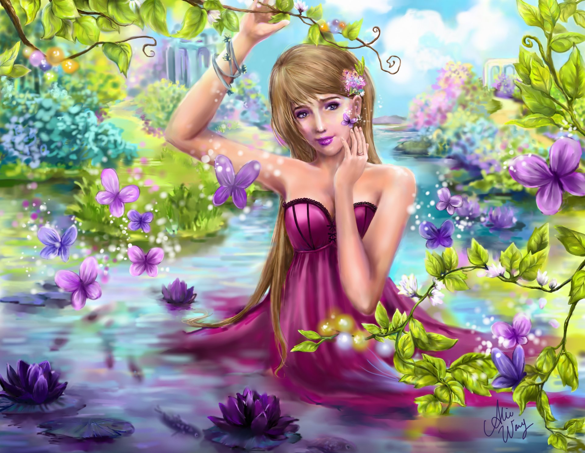 fantasie kunst natur bäume blätter sommer schmetterlinge seerosen wasserfall mädchen kleid blick hand blumen