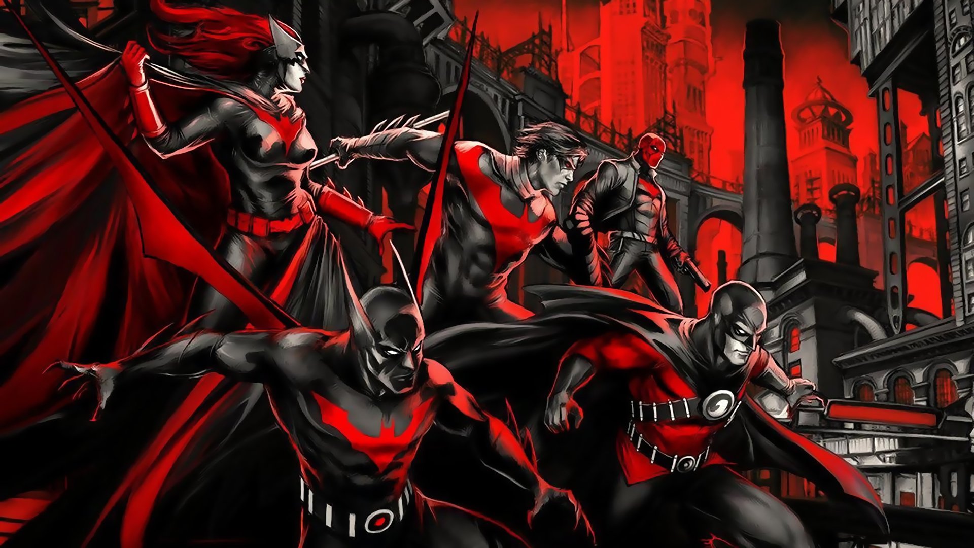 batman außerhalb batwoman rot robin nightwing rotkäppchen rot dc comics batman der zukunft batwoman nightwing rote kappe gotham rot