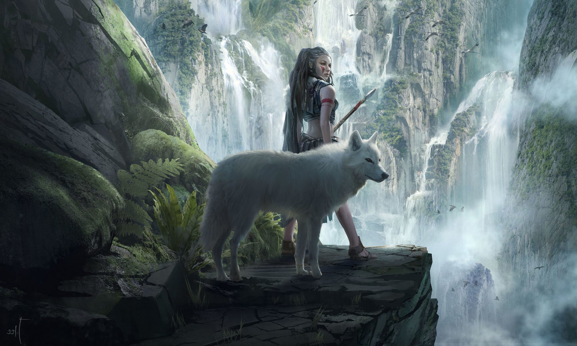 art girl view spear white wolf landscape . bird