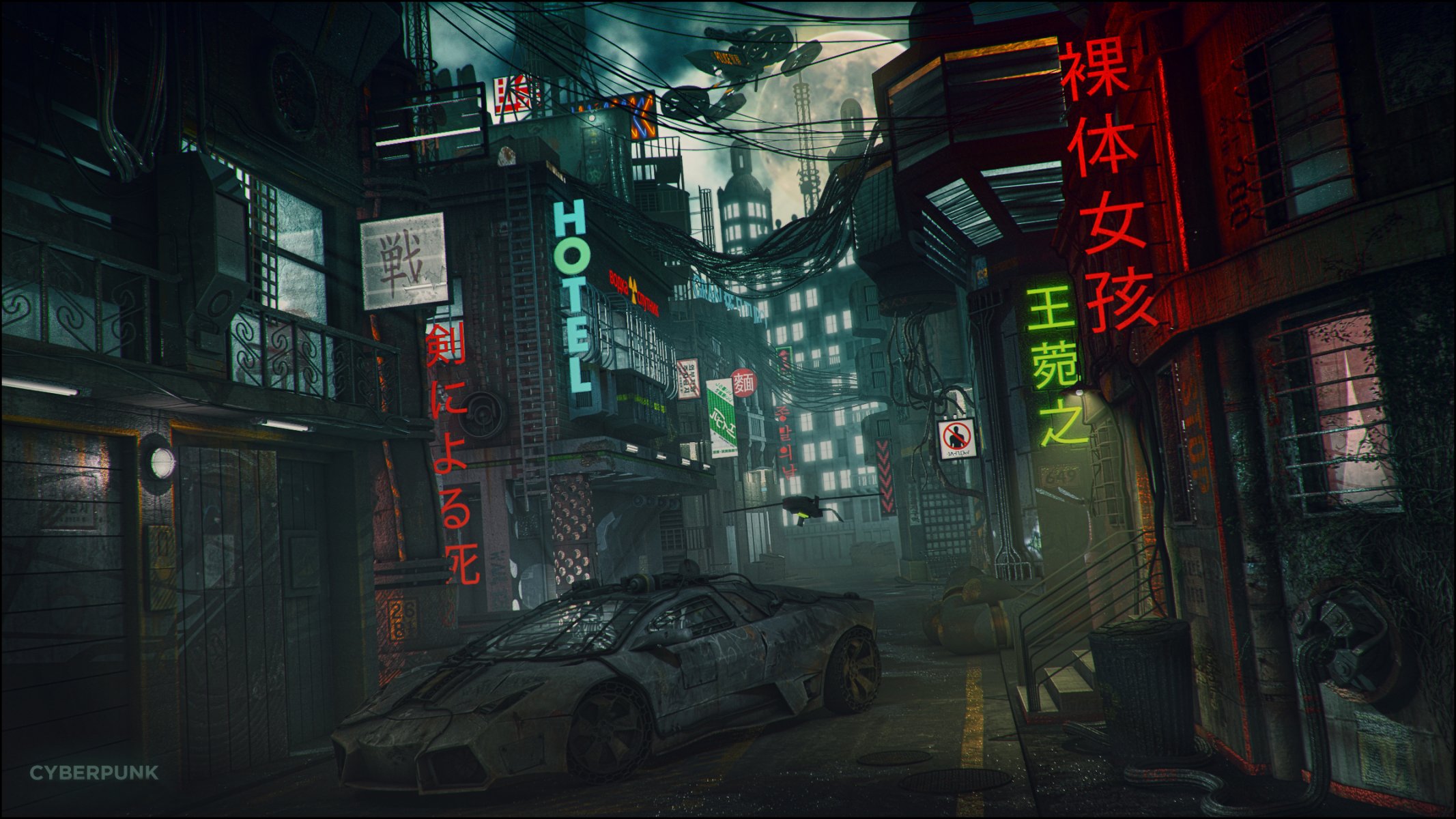 lamborghini cyberpunk ciudad callejón ficción arte noche luna