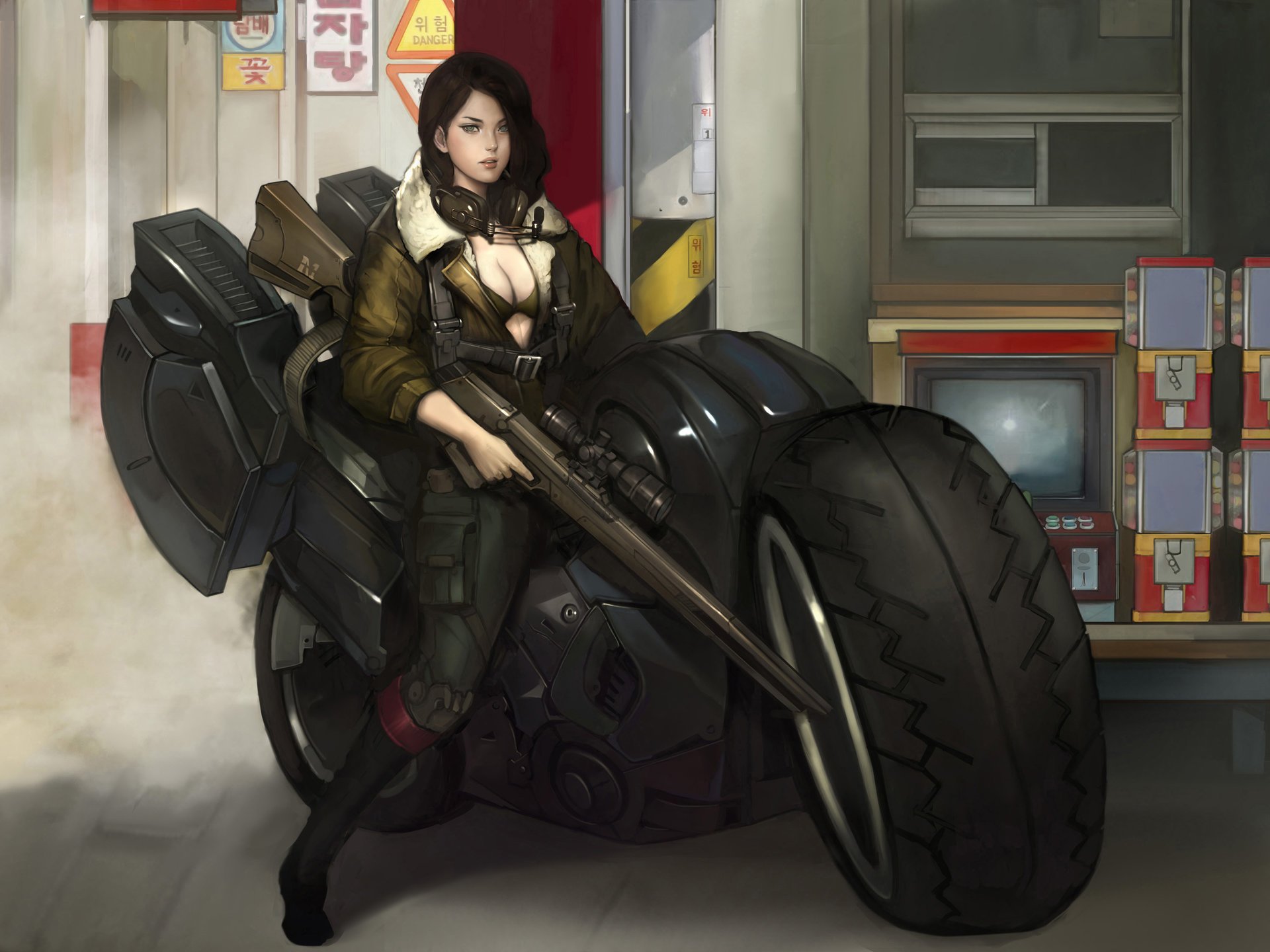 arte arte disegno cyberpunk sci-fi fantascienza ragazza cecchino arma fucile moto giacca pelle paraorecchie da namgwon lee