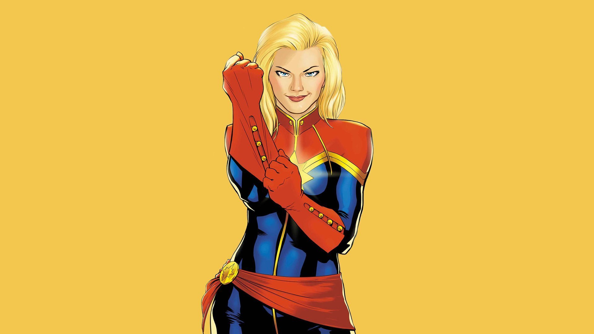 bandes dessinées mme marvel blonde costume look fond