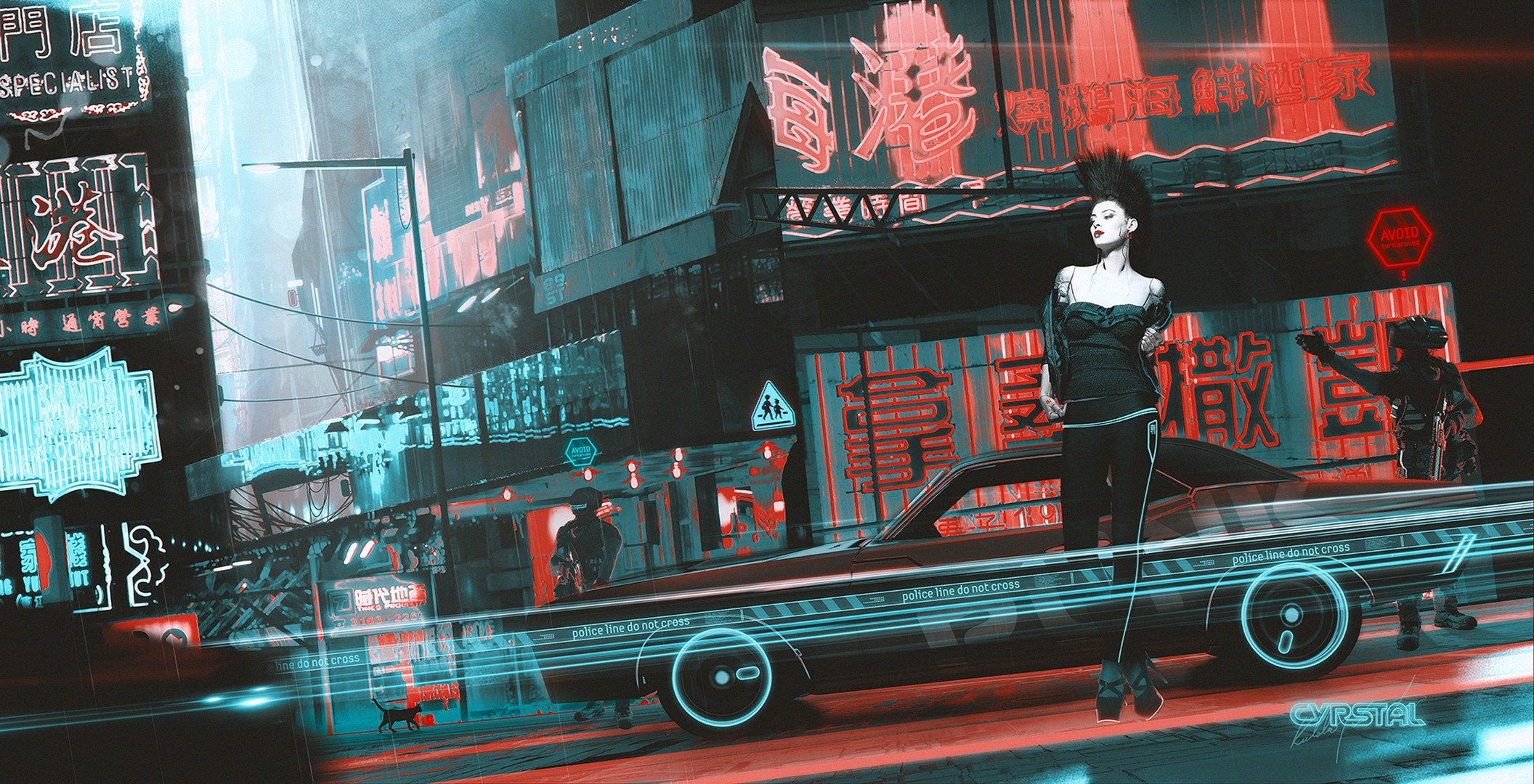 cyberpunk punk art fiction rue fille chat voiture