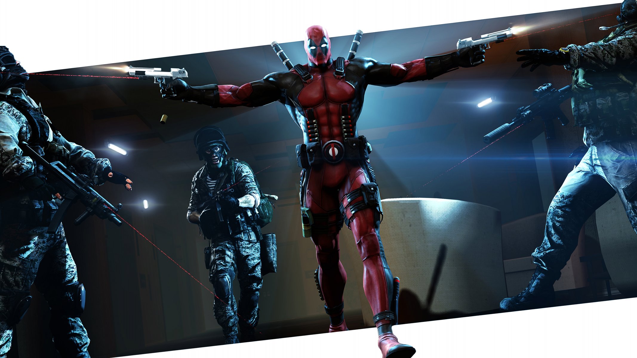 deadpool wade wilson bande dessinée soldats mitraillettes pistolets héros méchant mercenaire masque costume