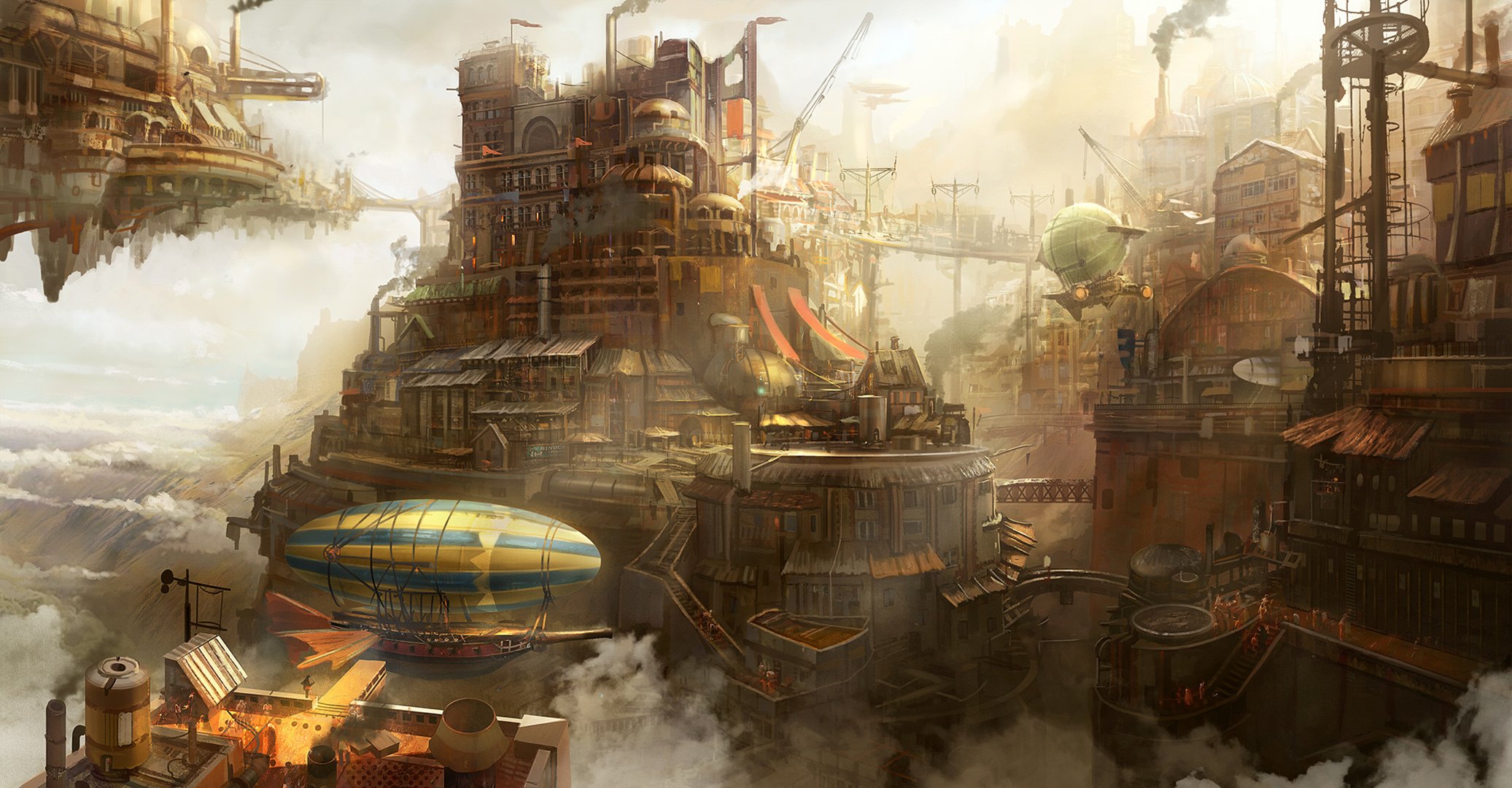 town airship buildings pairs steampunk