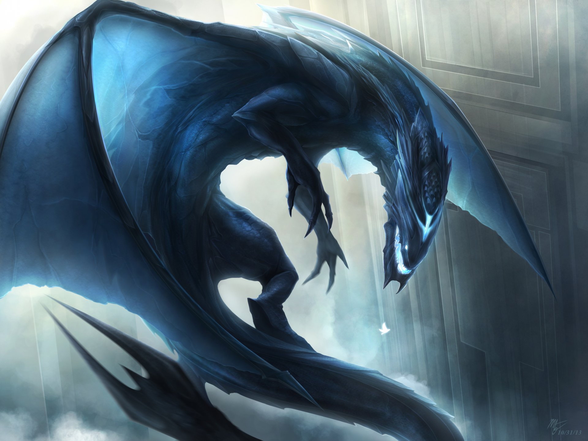 art dragon blue wings flight