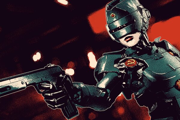 Ragazza RoboCop con una pistola e gli attributi dell URSS