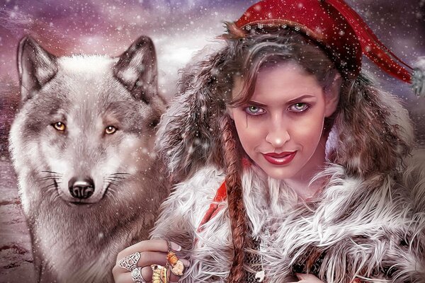 A beautiful wolf and a girl with a cunning look