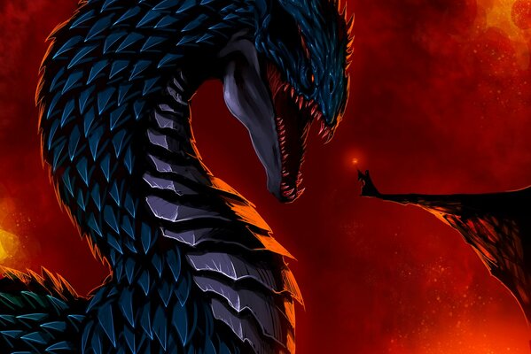 A character from science fiction, a dark blue dragon covered with scales, withers a man with a staff with a look