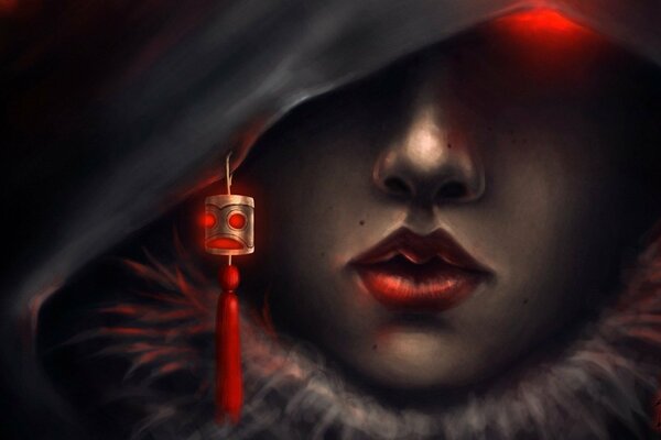 Art. Mysterious girl with a red eye in a hood