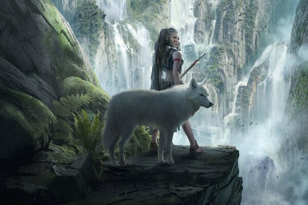 Fille avec un loup sur le bord de la cascade