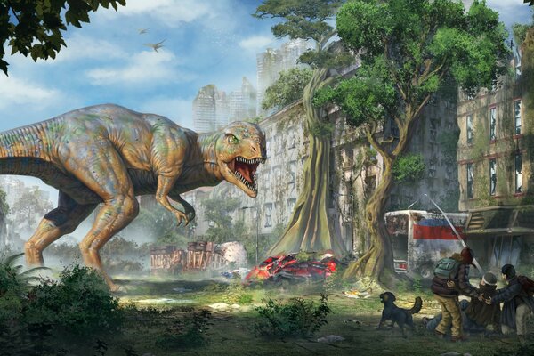 Dinosaure marche parmi les gens dans l immensité de la ville