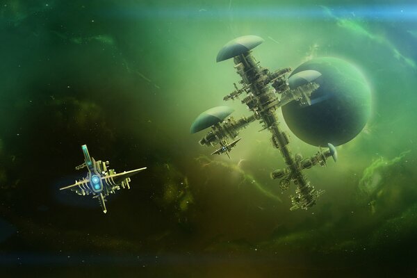 In the murky green starry space, the ship flies past the space station and the planet