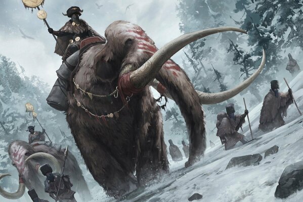 Shaman riding a mammoth in the winter forest