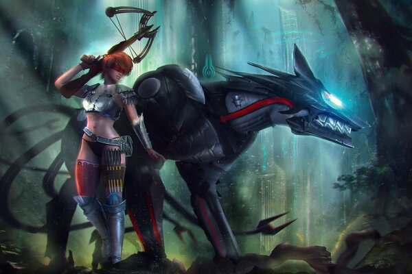 A cyborg wolf and a girl with a crossbow