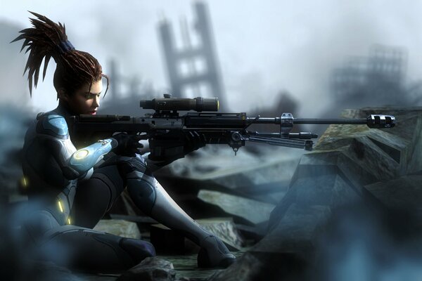 A girl shoots a rifle among the ruins of the city