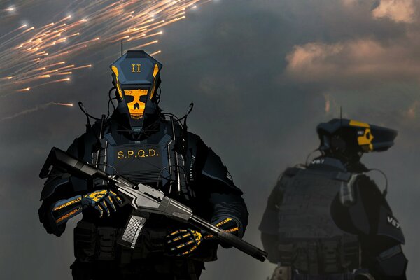 A cyborg soldier in black with a machine gun in his hands