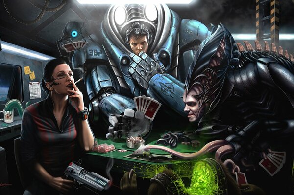 Space art. A woman with a laser weapon plays cards and chips with a robot and with monsters in spacesuits