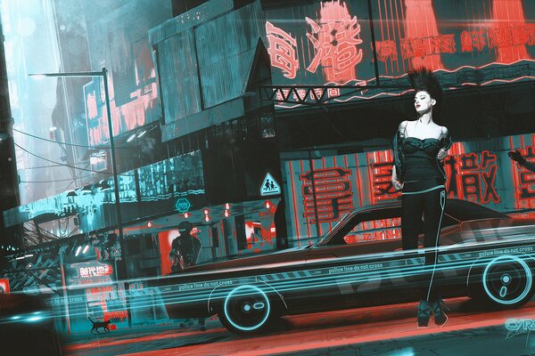 La chica está en el coche. Arte cyberpunk. Fantasía