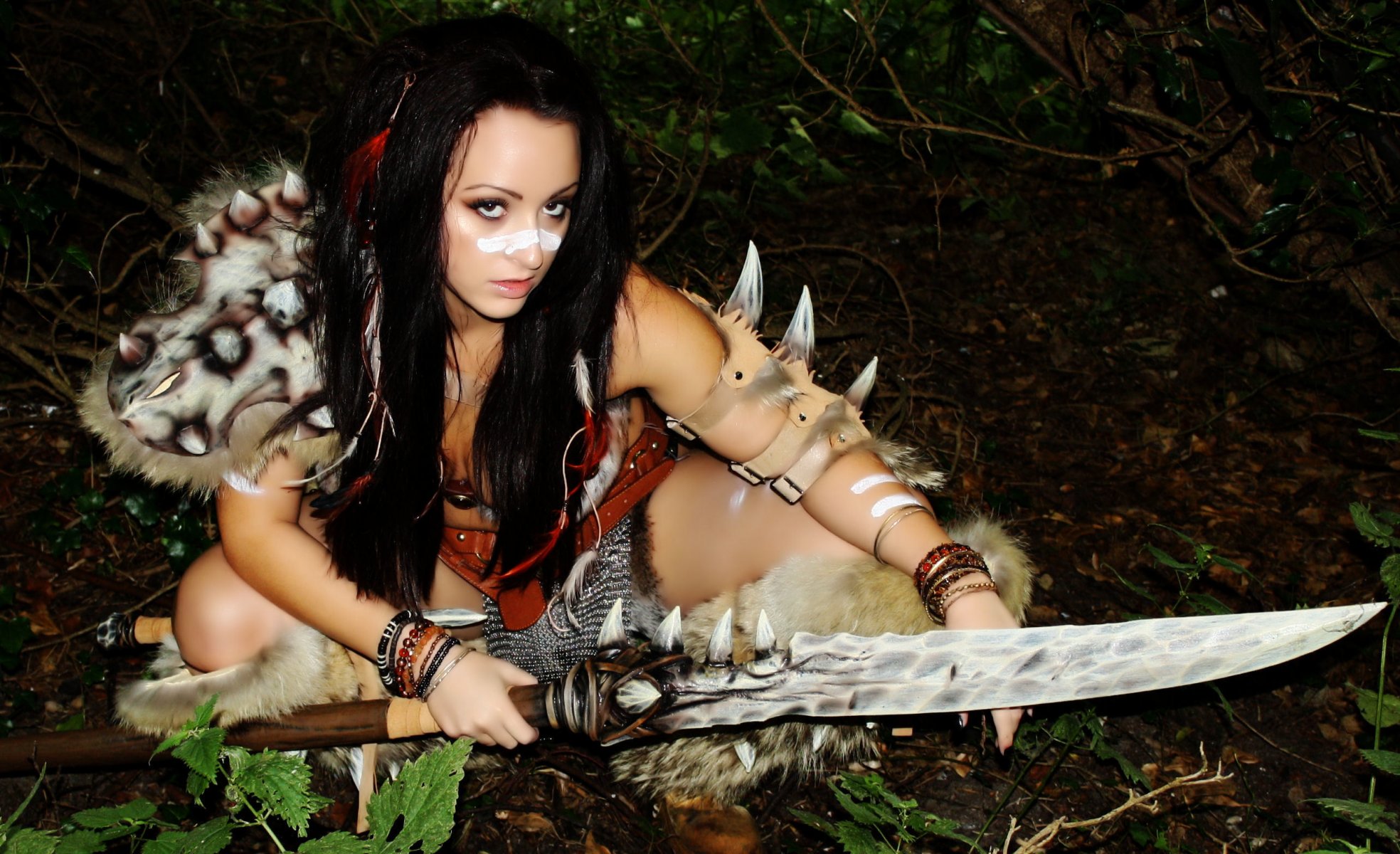 barbarian cosplay girl view face hair fur weapon