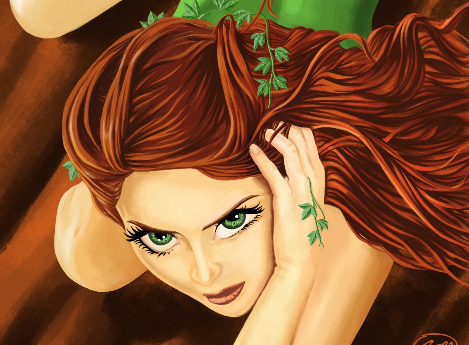 poison ivy dc comics trucizna pamela lillian isley pamela lillian isley sztuka twarz zielone oczy spojrzenie włosy ręce rośliny