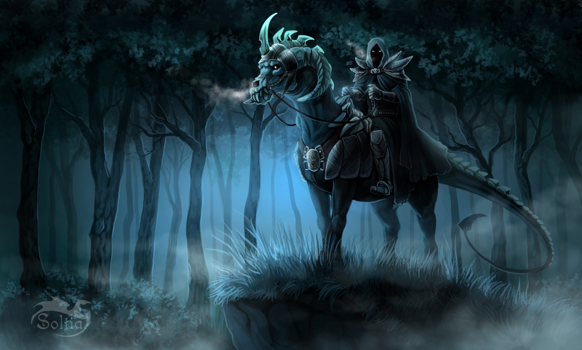 fiction art horseman hood view armour forest night