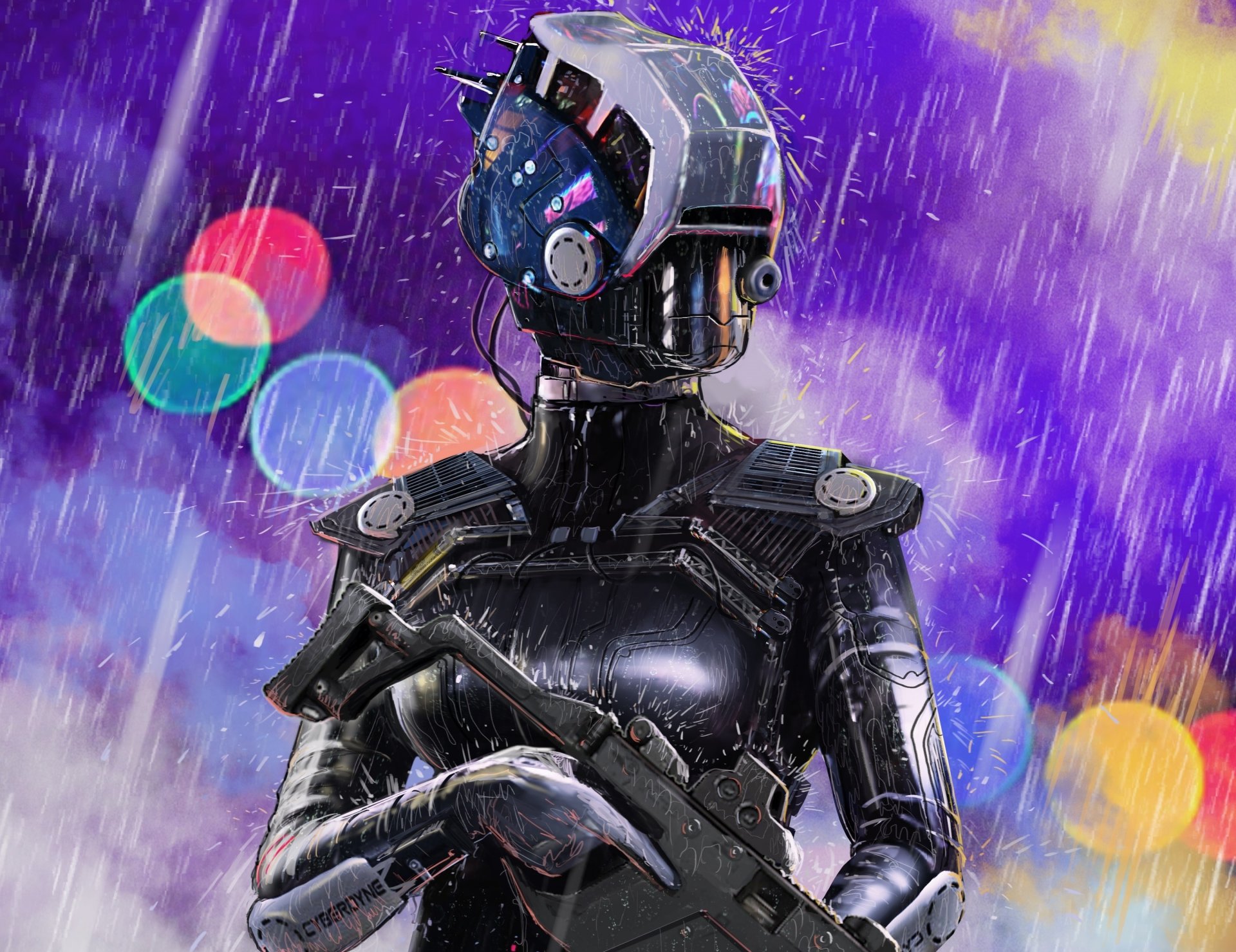 science-fiction science-fiction art armure casque arme pluie lumières