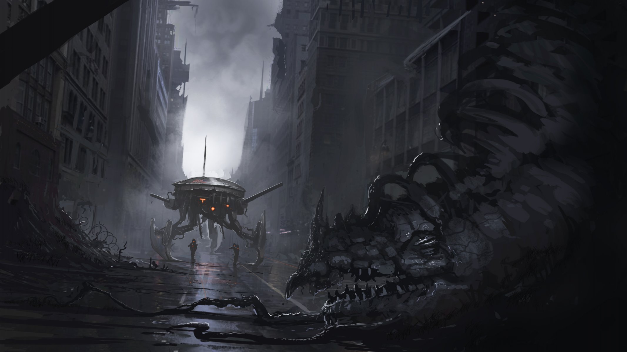 fiction art future street road building destroyed creature monster chain